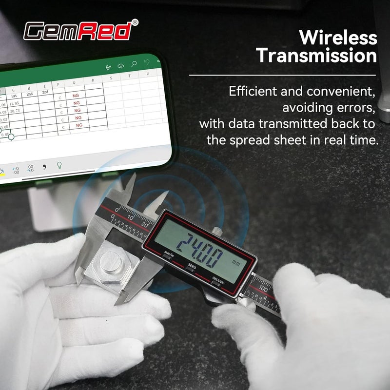 GemRed Wireless 6 Inch Digital Caliper for Woodworking/Machining/DIY/ 3D-Printing - Stainless Steel Electronic Micrometer with Excel Data Transfer, Large LCD Display, Auto-Off - Image 2